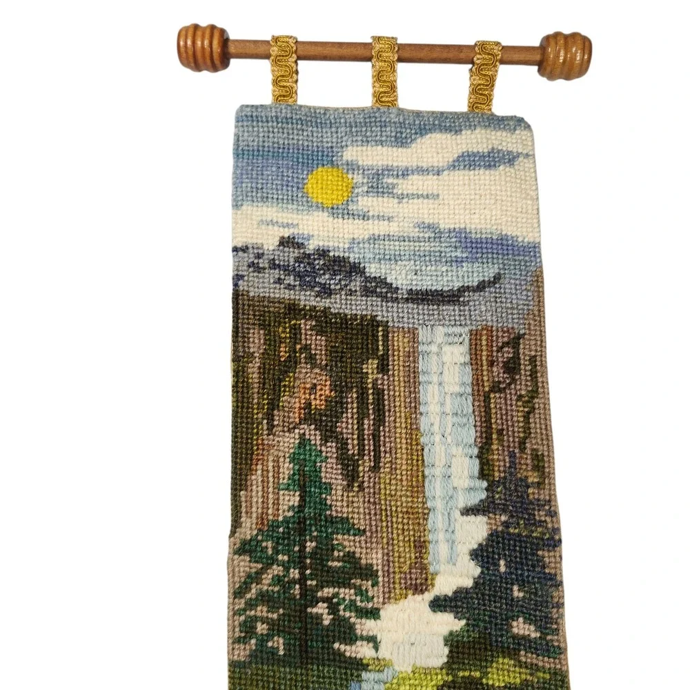 Vintage Needlepoint Bell Pull Wall Hanging Waterfall Landscape Wood Dowel 35x6
